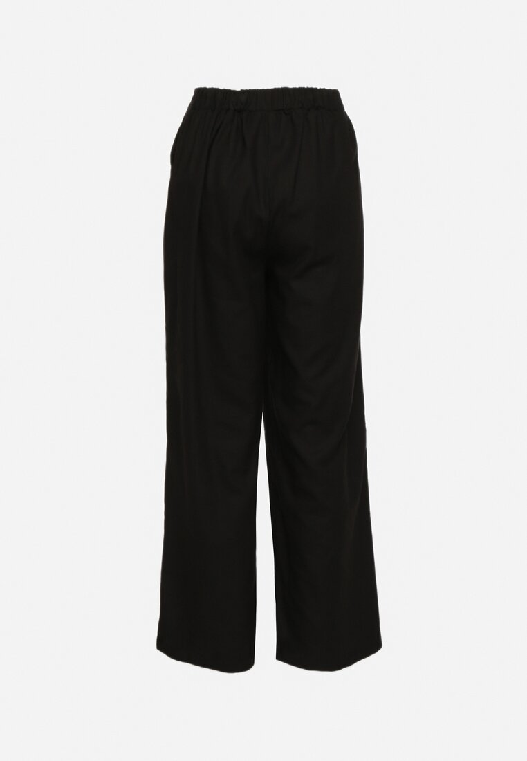 Czarne Szerokie Spodnie z Gumką w Talii z Lnem Araniells
