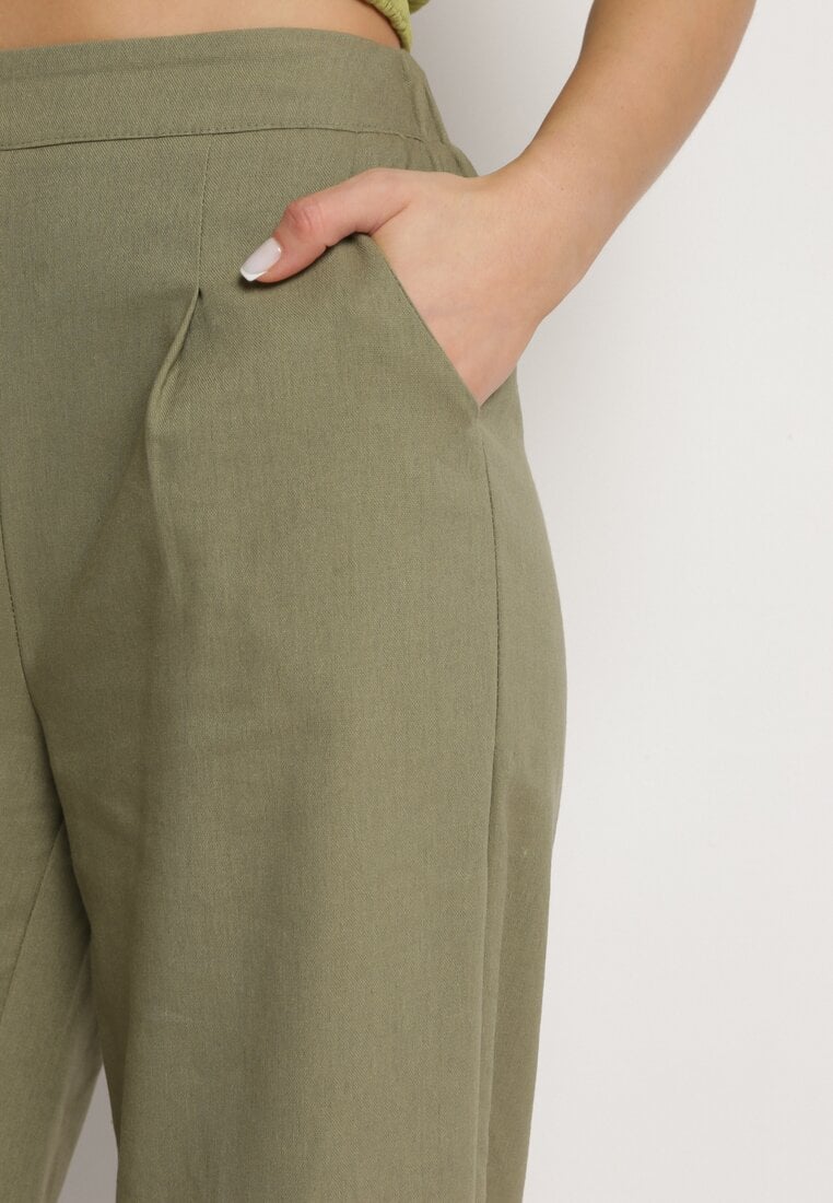 Zielone Szerokie Spodnie z Gumką w Talii z Lnem Araniells