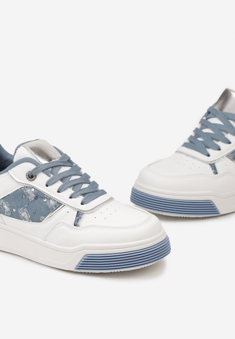Biało-Niebieskie Sneakersy na Grubej Podeszwie z Denimowymi Wstawkami Frostelle