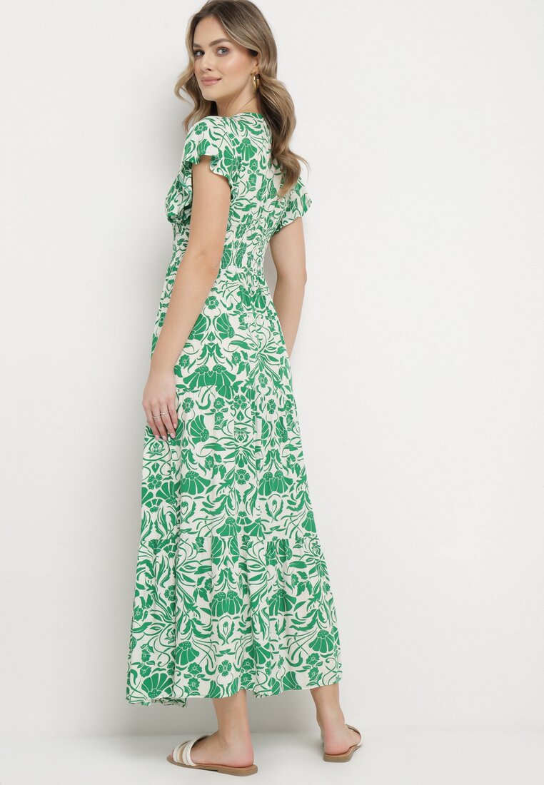 Zielona Rozkloszowana Sukienka Maxi z Luźnym Rękawem w Kwiatowy Print Oxeria