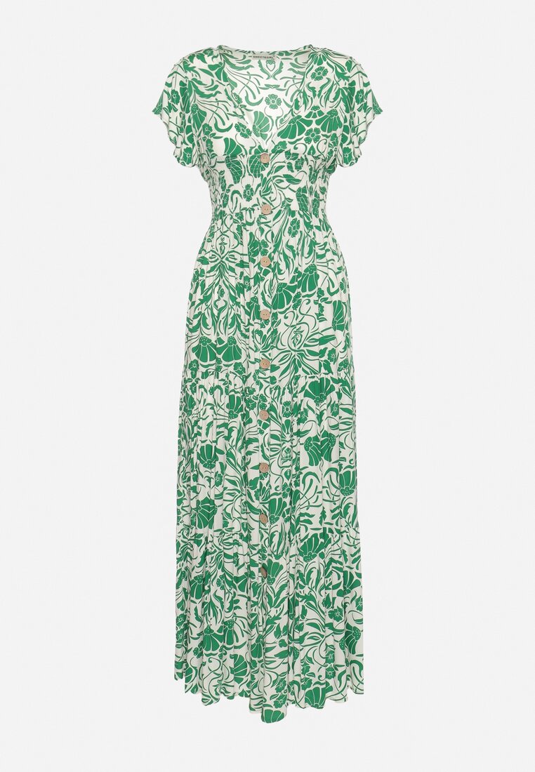 Zielona Rozkloszowana Sukienka Maxi z Luźnym Rękawem w Kwiatowy Print Oxeria
