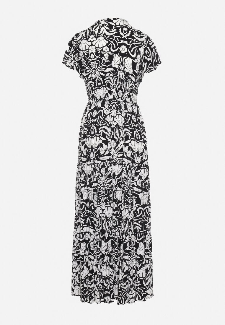 Czarna Rozkloszowana Sukienka Maxi z Luźnym Rękawem w Kwiatowy Print Oxeria