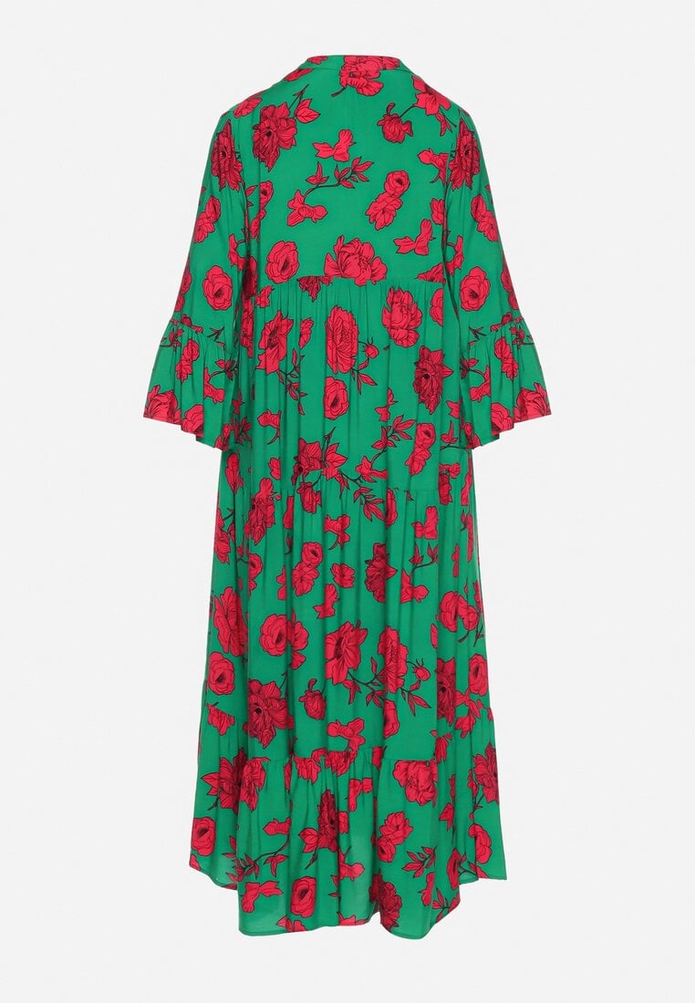 Zielona Sukienka z Koszulową Górą i Rozkloszowanym Dołem w Kwiaty Hazerpia