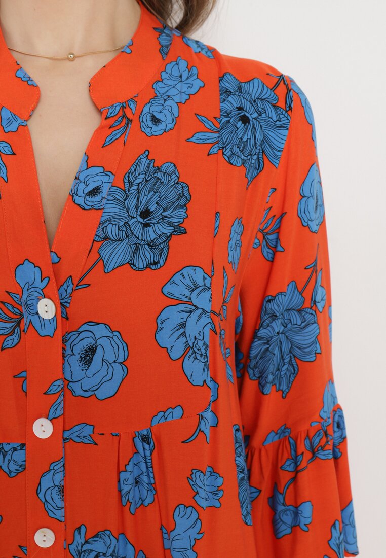 Pomarańczowa Sukienka z Koszulową Górą i Rozkloszowanym Dołem w Kwiaty Hazerpia