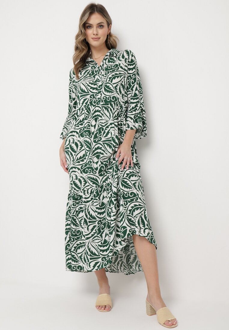 Zielona Rozkloszowana Sukienka Maxi z Falbanką i Botanicznym Wzorem Maticia