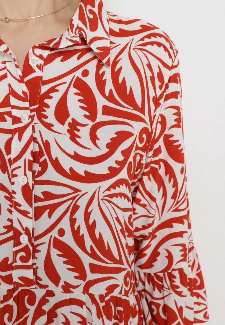 Pomarańczowo-Biała Rozkloszowana Sukienka Maxi z Falbanką i Botanicznym Wzorem Maticia