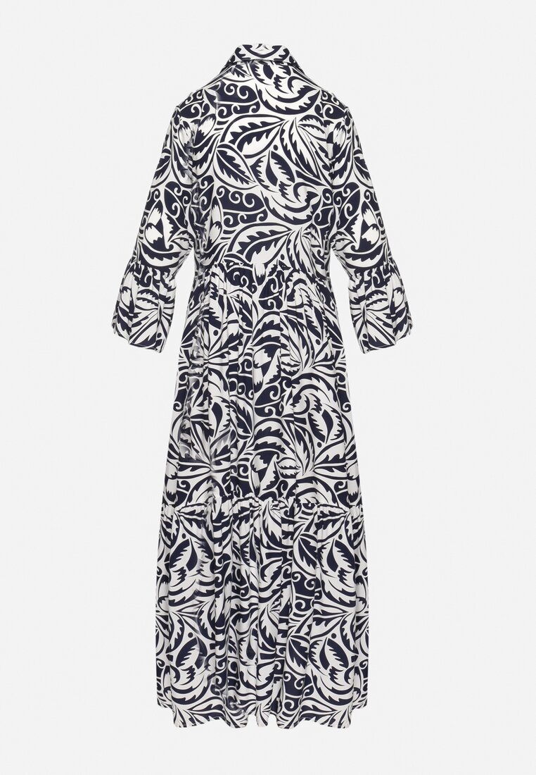 Biało-Granatowa Rozkloszowana Sukienka Maxi z Falbanką i Botanicznym Wzorem Maticia