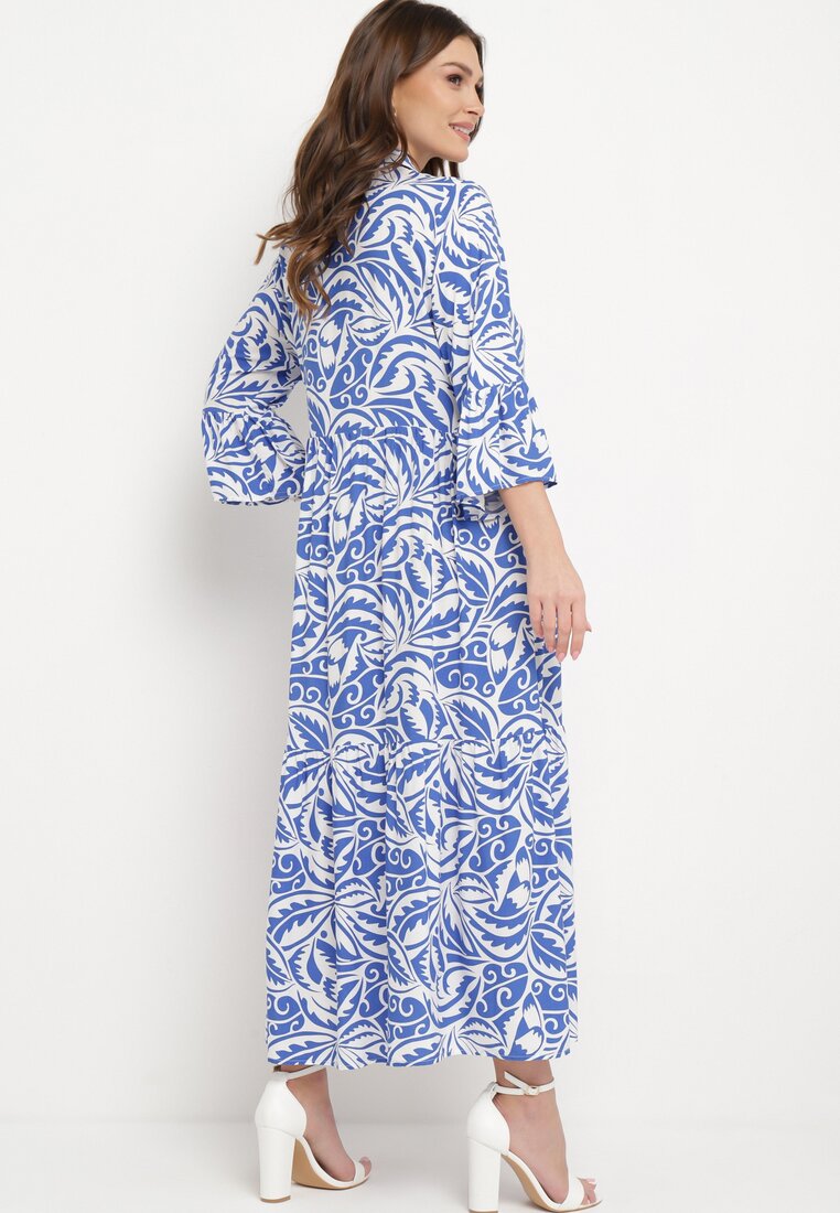 Niebieska-Biała Rozkloszowana Sukienka Maxi z Falbanką i Botanicznym Wzorem Maticia