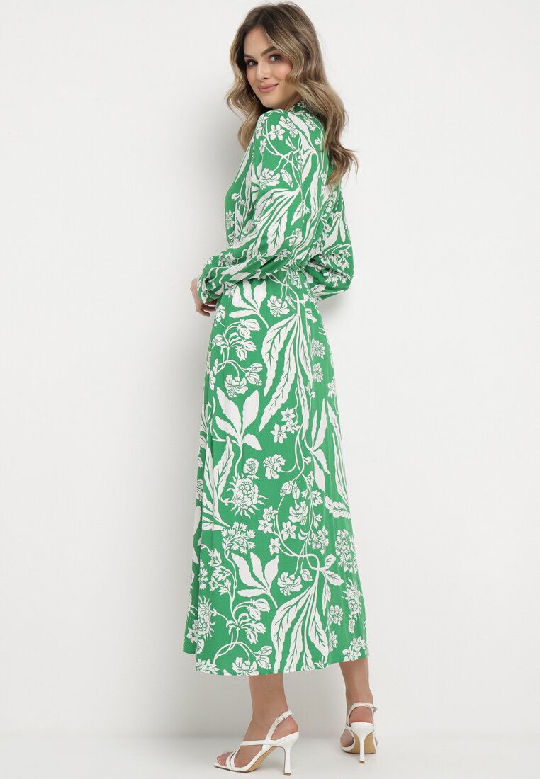 Zielona Koszulowa Sukienka z Roślinnym Wzorem z Wiązanym Paskiem Rosallen