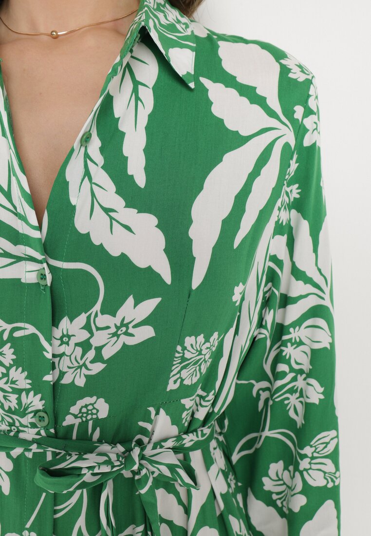 Zielona Koszulowa Sukienka z Roślinnym Wzorem z Wiązanym Paskiem Rosallen