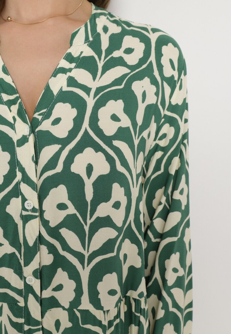 Zielono-Beżowa Sukienka w Ornamentalny Wzór o Koszulowym Fasonie Venleia