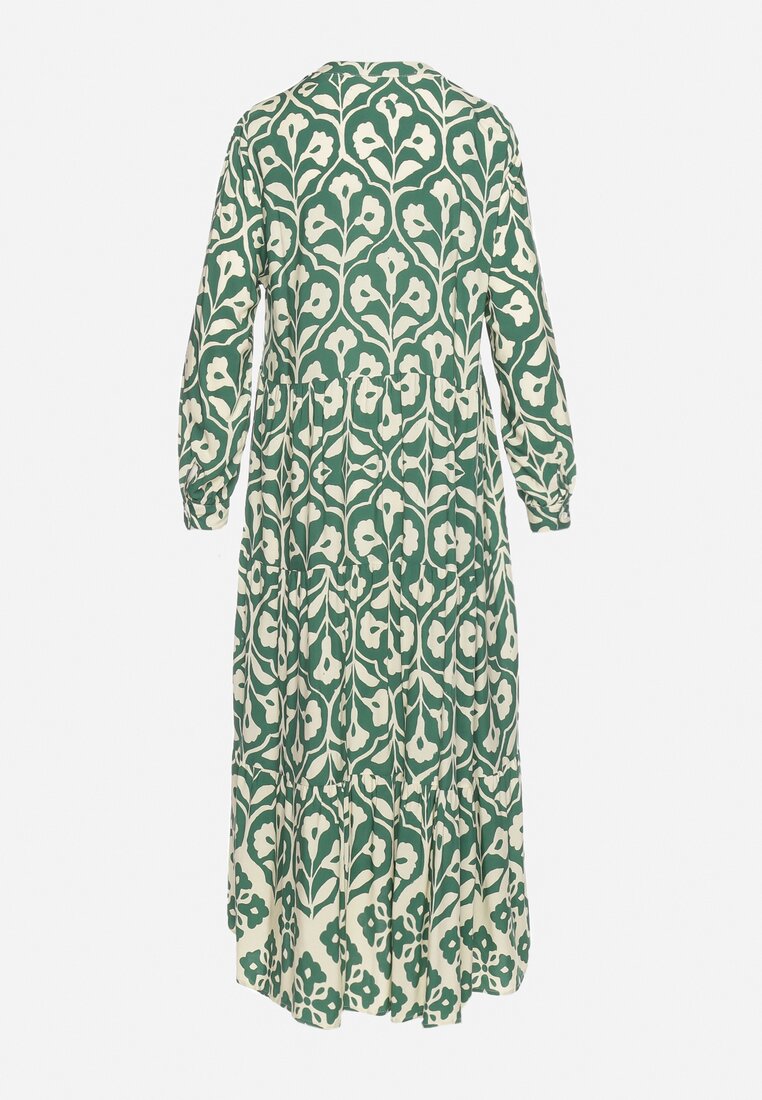 Zielono-Beżowa Sukienka w Ornamentalny Wzór o Koszulowym Fasonie Venleia