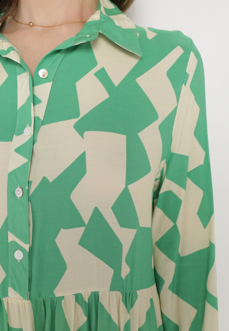Zielono-Beżowa Rozkloszowana Sukienka Maxi Koszulowa z Geometrycznym Wzorem Pholimena