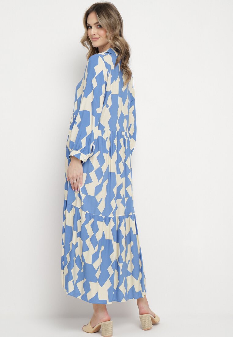 Niebiesko-Beżowa Rozkloszowana Sukienka Maxi Koszulowa z Geometrycznym Wzorem Pholimena