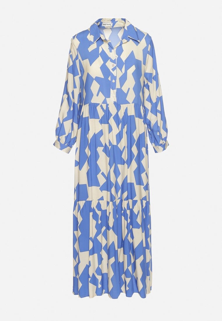 Niebiesko-Beżowa Rozkloszowana Sukienka Maxi Koszulowa z Geometrycznym Wzorem Pholimena