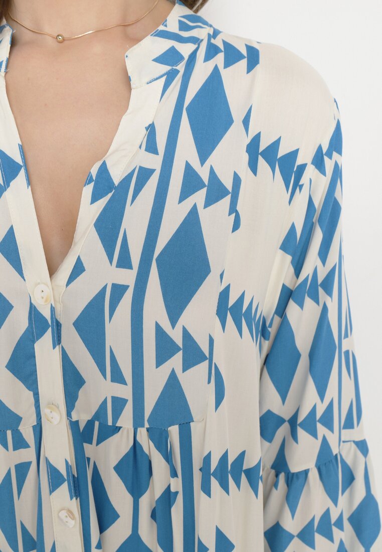 Niebiesko-Beżowa Sukienka Midi Rozkloszowana w Geometryczny Wzór z Falbanką na Rękawach Merdisavia