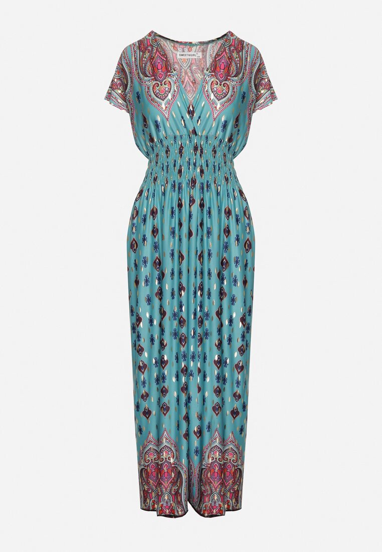 Niebieska Wiskozowa Sukienka Maxi o Kopertowym Kroju w Ornamentalny Print Racida