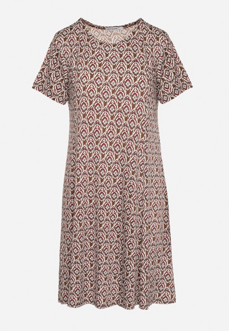 Brązowo-Beżowa Rozkloszowana Sukienka z Wiskozy Krótkim Rękawem i Mozaikowym Printem Hyacina
