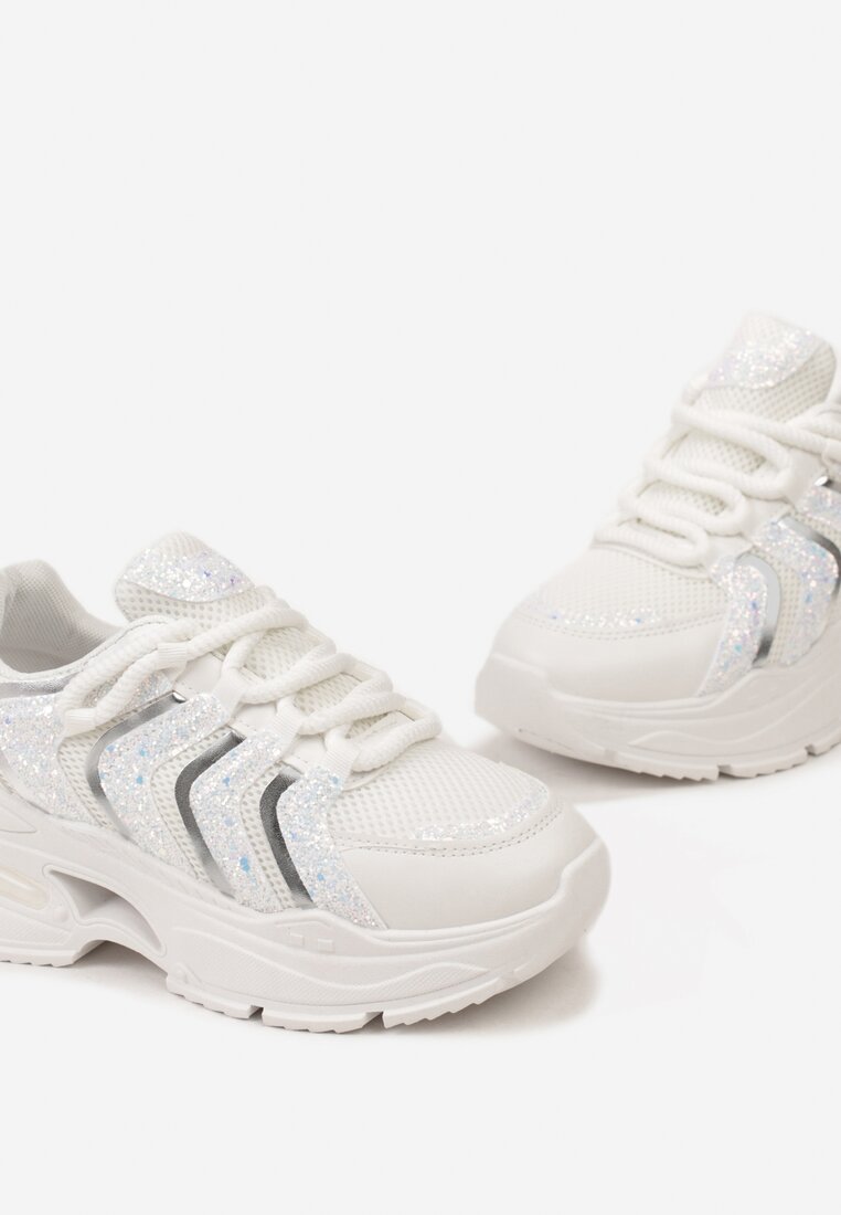 Białe Sneakersy na Platformie z Brokatowymi Wstawkami Flenai