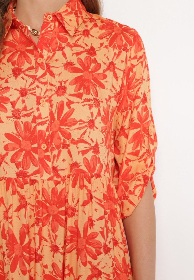 Pomarańczowa Sukienka Maxi w Kwiatowy Wzór z Koszulową Górą Lithaia