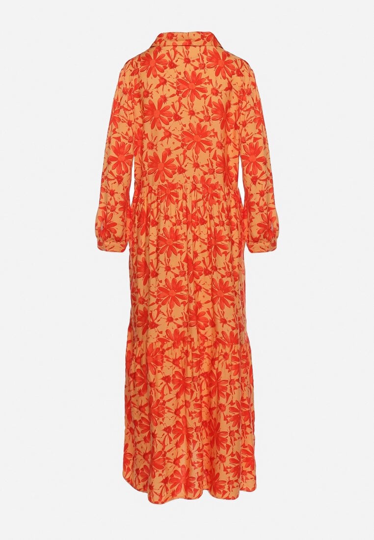 Pomarańczowa Sukienka Maxi w Kwiatowy Wzór z Koszulową Górą Lithaia
