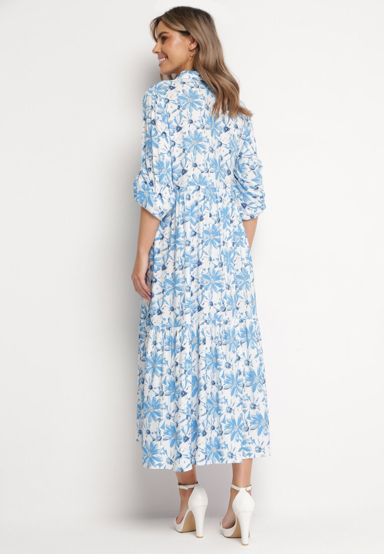 Biało-Niebieska Sukienka Maxi w Kwiatowy Wzór z Koszulową Górą Lithaia