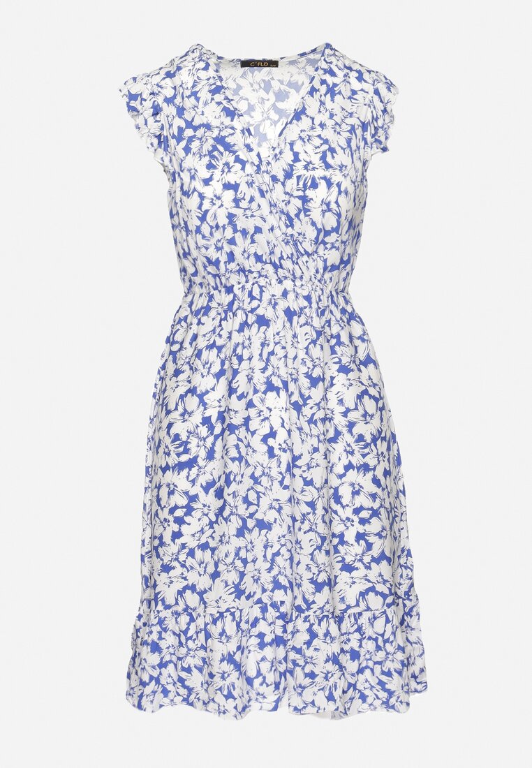 Biało-Niebieska Wiskozowa Sukienka Mini na Ramiączkach z Kwiatowym Wzorem Gwalen