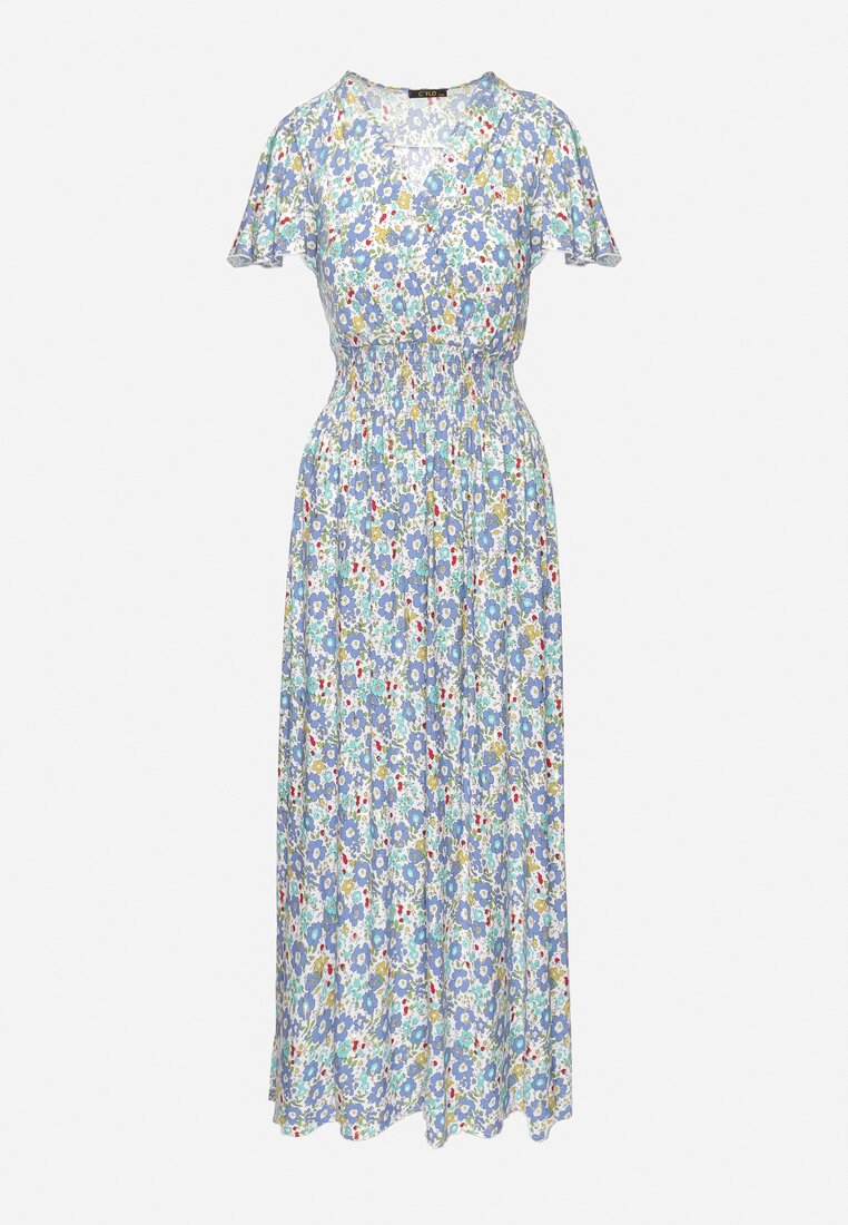 Biało-Niebieska Wiskozowa Sukienka Maxi w Kwiaty Rozkloszowana z Kopertowym Dekoltem Monilia
