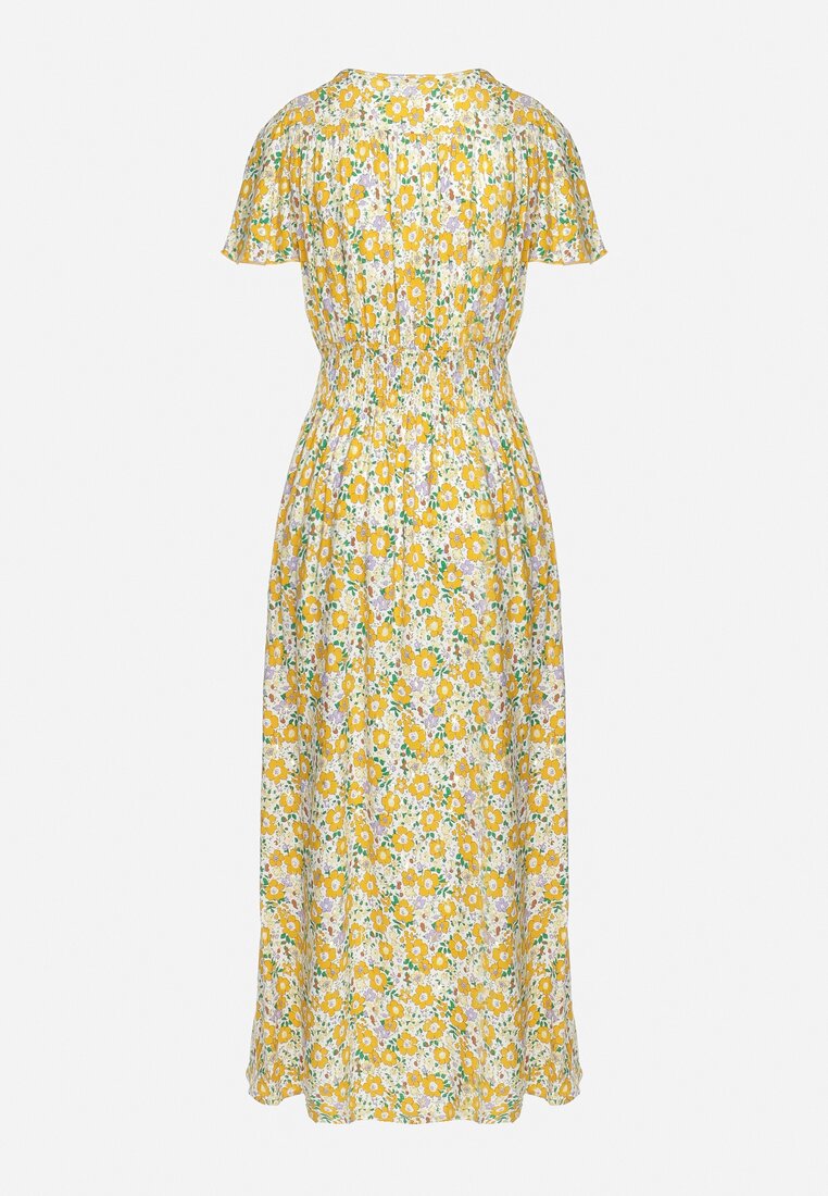 Biało-Żółta Wiskozowa Sukienka Maxi w Kwiaty Rozkloszowana z Kopertowym Dekoltem Monilia