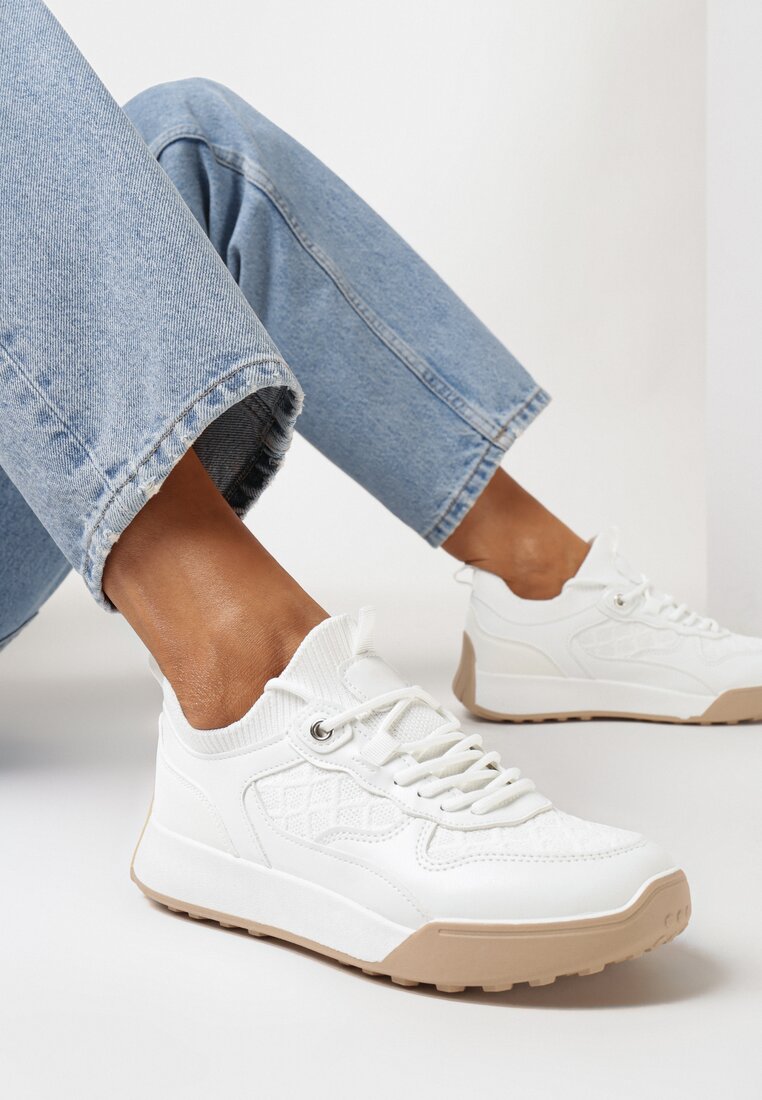 Białe Sneakersy z Materiałowymi Wstawkami Elineri
