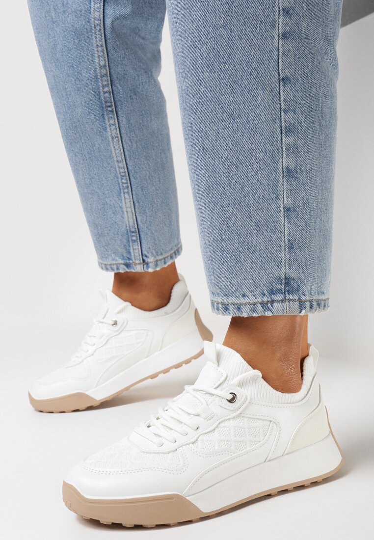 Białe Sneakersy z Materiałowymi Wstawkami Elineri