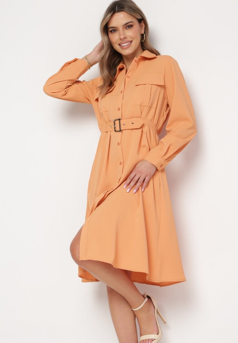 Pomarańczowa Sukienka Koszulowa z Paskiem z Klamrą Unebia