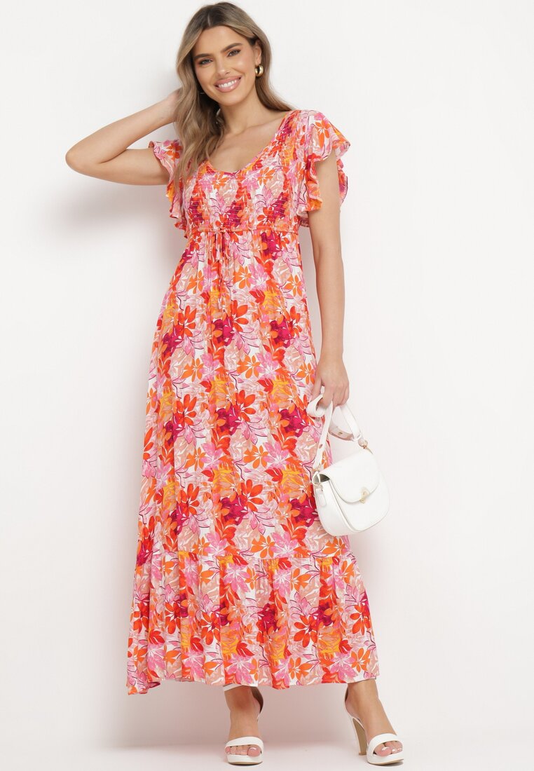Pomarańczowa Sukienka Maxi z Kwiatowym Wzorem i Gumką w Talii Oleccte