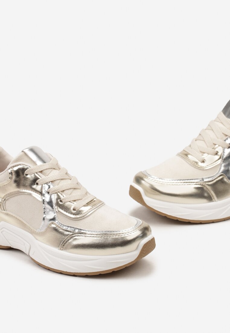 Beżowo-Złote Sneakersy z Metaliczną Lamówką Ovanaia
