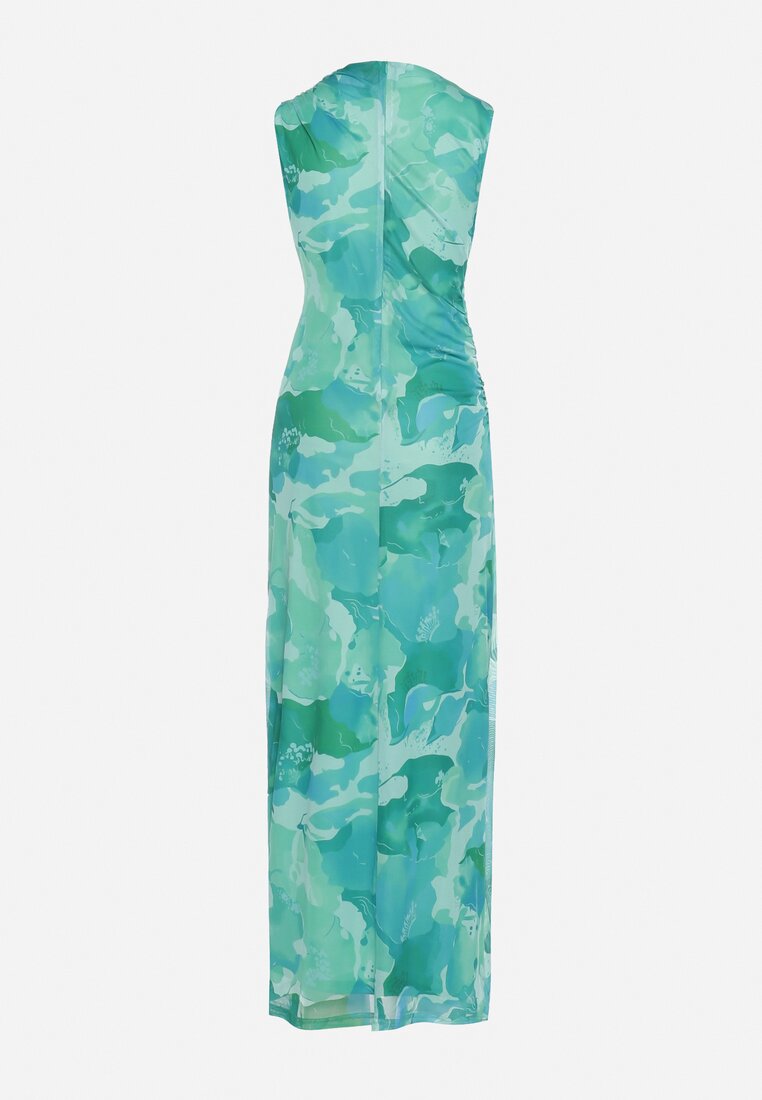 Zielono-Niebieska Dopasowana Sukienka Maxi z Abstrakcyjnym Wzorem i Marszczeniami Billetia