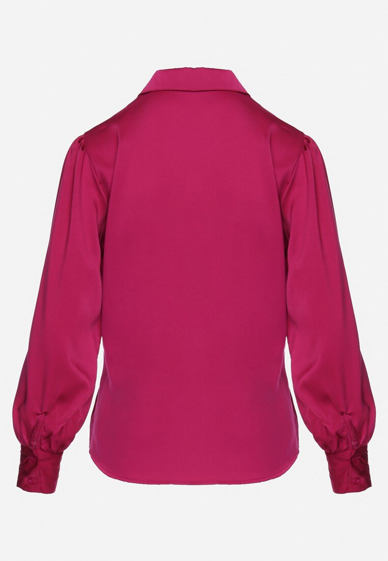 Różowa  Satynowa Koszula z Szerokimi Rękawami i Guzikami Buroria