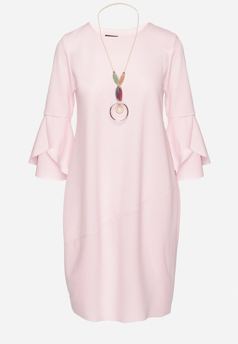 Różowa Sukienka Pudełkowa Midi z Luźnymi Rękawami i Łańcuszkiem z Ozdobnymi Kamieniami Bancara