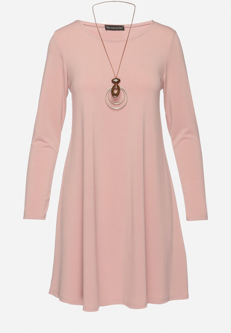 Różowa Sukienka Mini Trapezowa Dodatkowo Naszyjnik z Metalowymi Zawieszkami Alercha