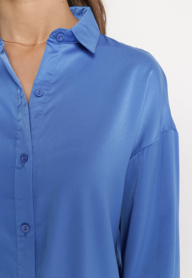 Niebieska Koszula na Guziki o Przedłużonym Kroju Alephio
