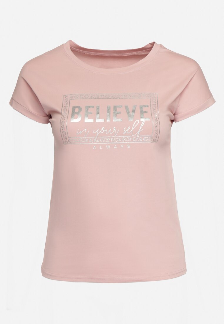 Różowy Bawełniany T-shirt z Ozdobnym Napisem Dellphia