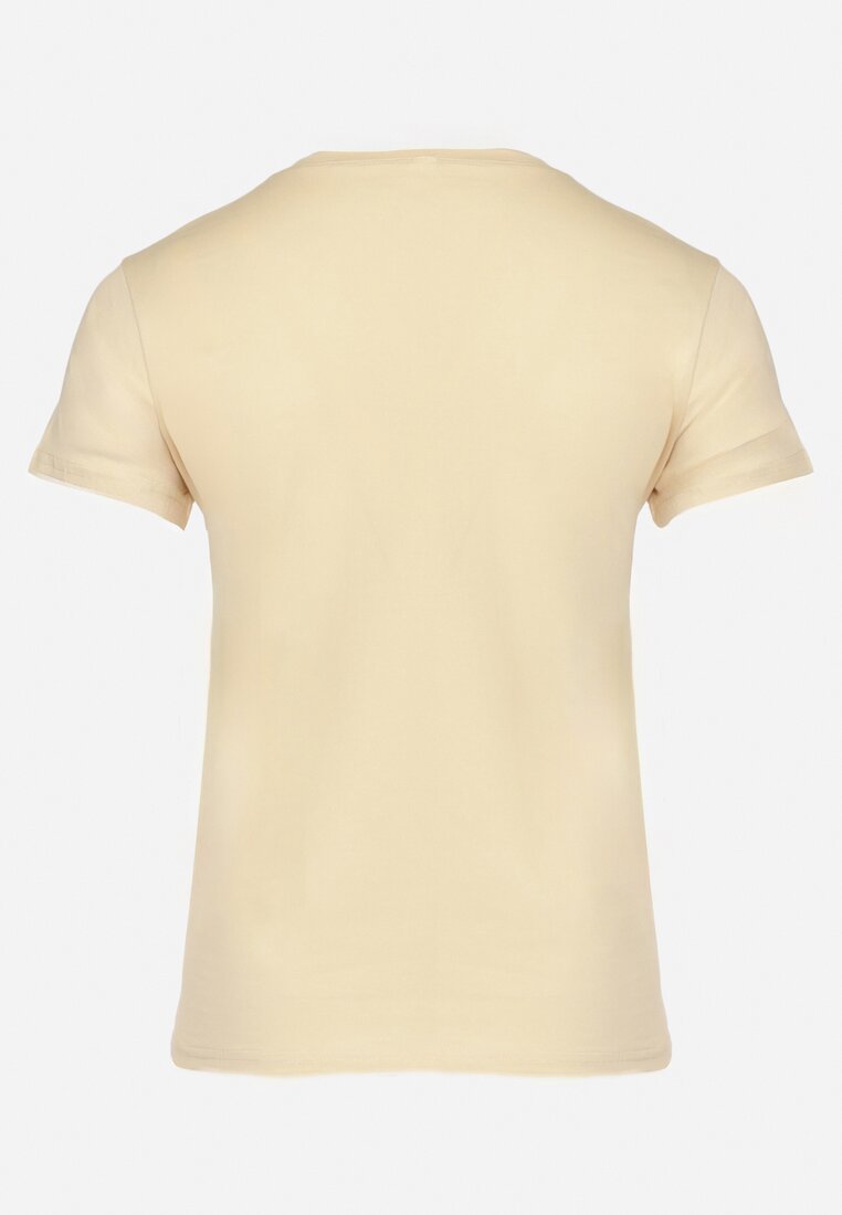 Beżowy Bawełniany T-shirt z Nadrukiem na Przodzie Galamella