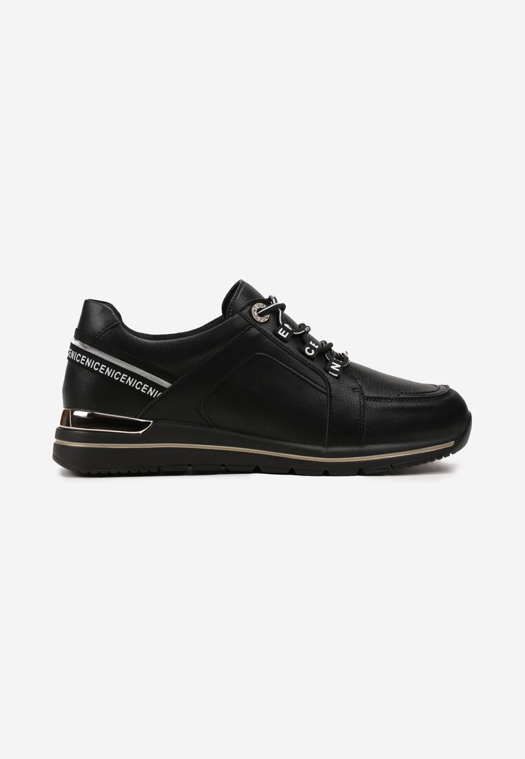 Czarne Sneakersy Sznurowane z Metalową Wstawką i Perforacją ze Skórzaną Wkładką Pixia