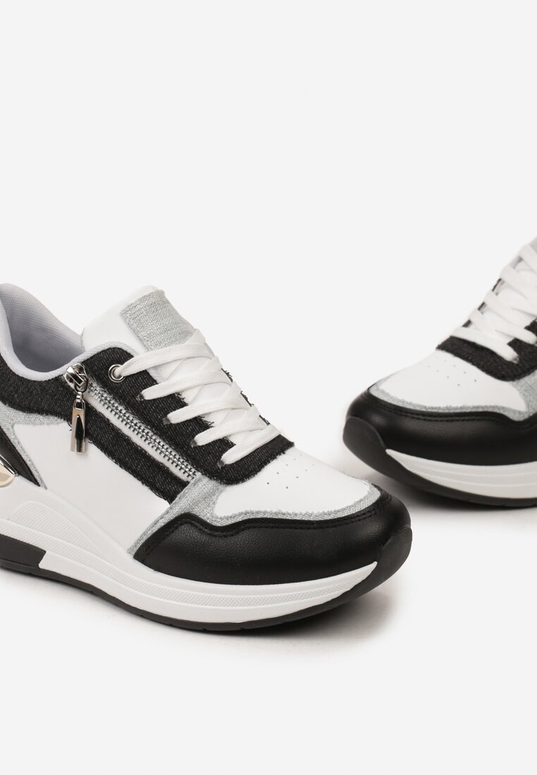 Czarno-Białe Sneakersy na Niskim Koturnie z Ozdobnym Suwakiem i Metaliczną Wstawką Lorealissa