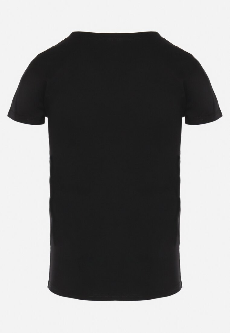 Czarny Bawełniany T-shirt z Ozdobnym Cekinowym Nadrukiem i Napisami Olumi