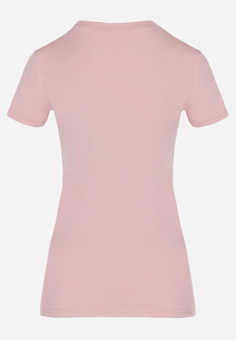 Różowy Bawełniany T-shirt z Ozdobnym Cekinowym Nadrukiem i Napisami Olumi