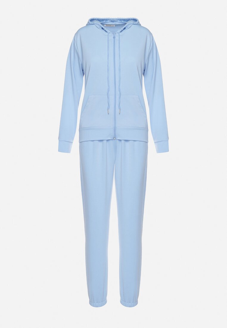 Jasnoniebieski Klasyczny Komplet Dresowy z Bluzą z Kapturem i Prostymi Spodniami Neiba