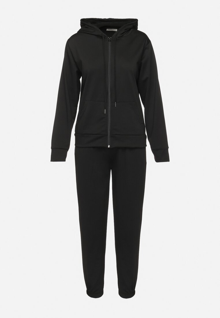 Czarny Klasyczny Komplet Dresowy z Bluzą z Kapturem i Prostymi Spodniami Neiba