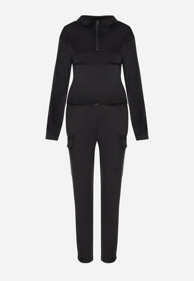 Czarny Welurowy Komplet Dresowy Bluza z Ozdobną Kieszenią i Luźne Spodnie z Kieszeniami Whisperia