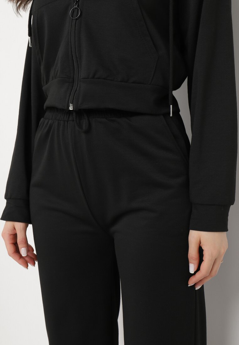 Czarny Komplet Dresowy Bluza z Kapturem Rozpinana i Szerokie Spodnie Avesmira