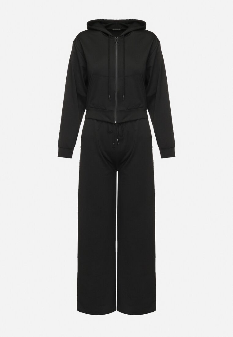 Czarny Komplet Dresowy Bluza z Kapturem Rozpinana i Szerokie Spodnie Avesmira